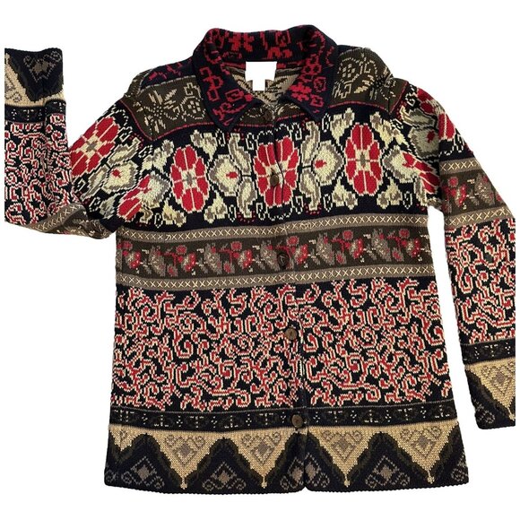 Christopher Banks Red Black Hand Embroidered Cardigan Sweater Christmas Teacher - Picture 2 of 8